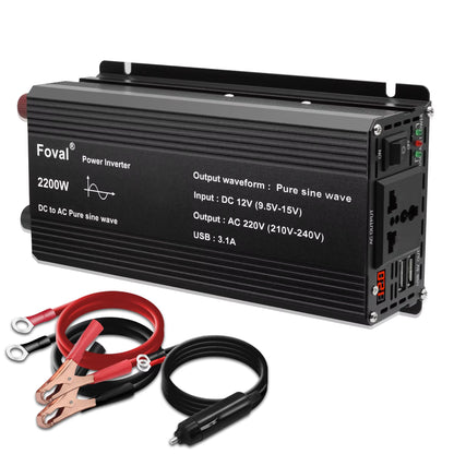 Pure Sine Wave 1000W 1500W 2200W 2600W DC 12V to AC 220V Car Power Inverter Adapter Converter with 3.1A Dual USB Eu/Universal
